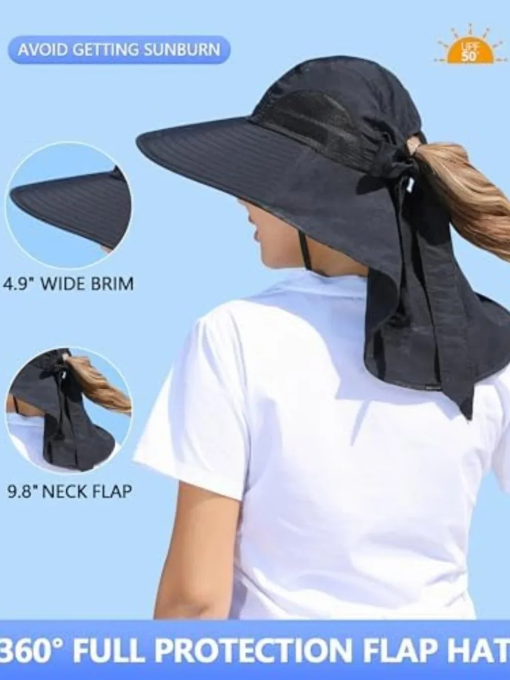 Women's UV Protection Wide Brim Sun Hat with Ponytail Hole & Neck Flap for